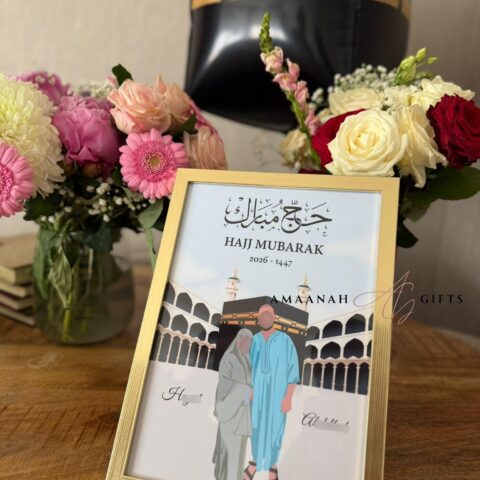 Klantfoto van gepersonaliseerd hadj portret in lijst als hadj cadeau