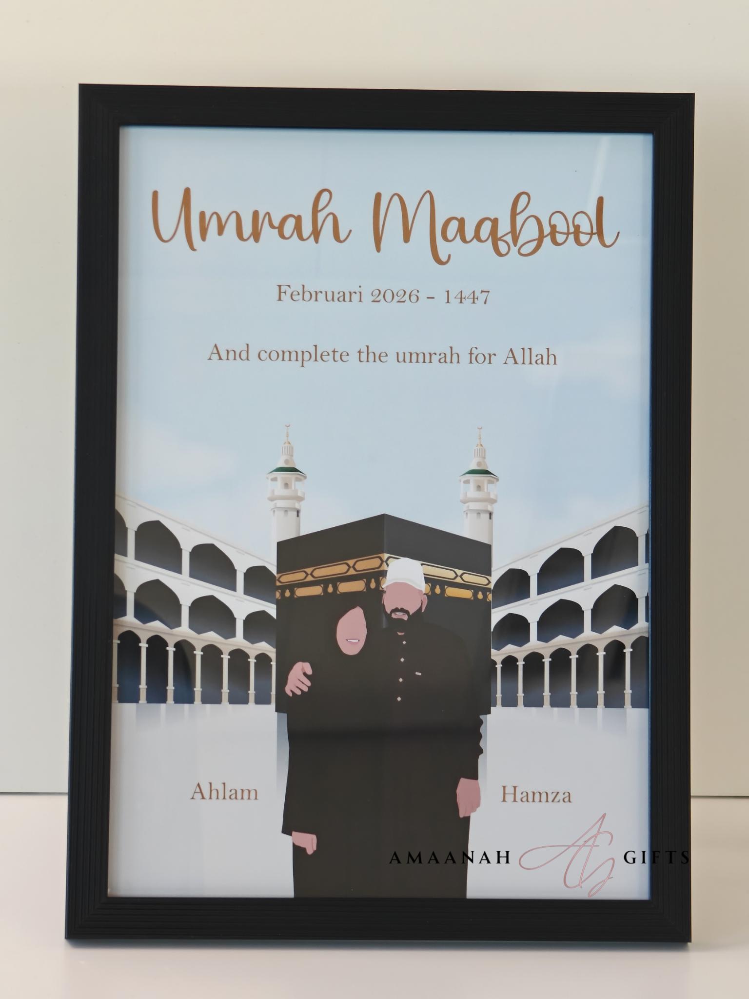 Gepersonaliseerd umrah maqbool portret van echtpaar bij de Kaaba