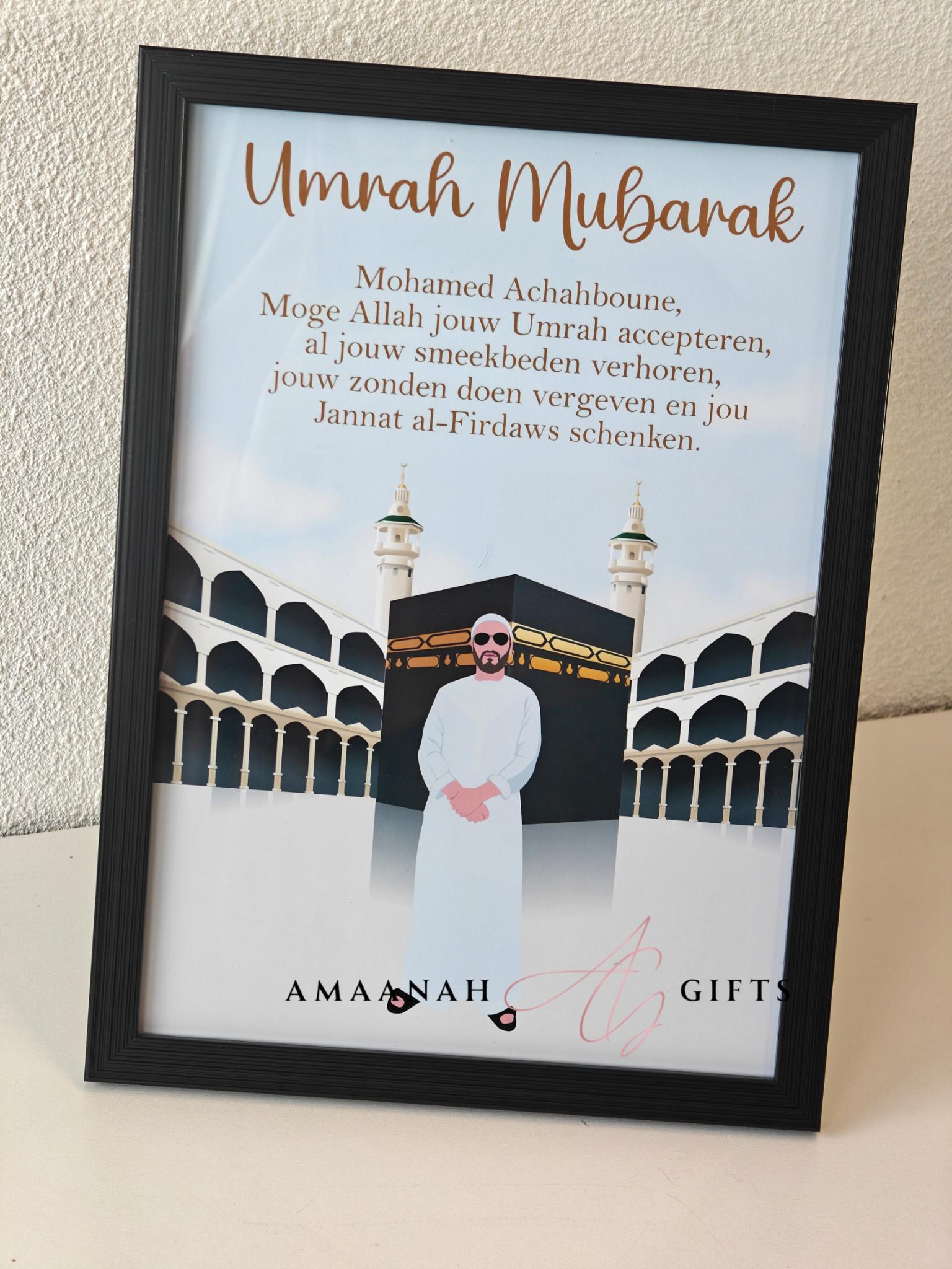 Handgemaakt umrah portret van man bij de Kaaba met persoonlijke tekst