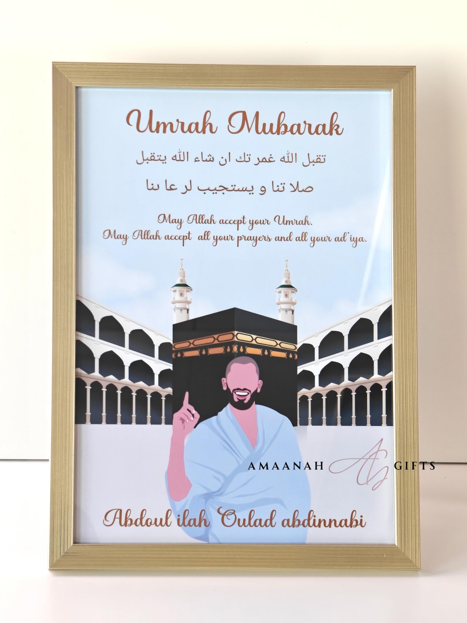 Gepersonaliseerd umrah portret van man bij de Kaaba als umrah cadeau