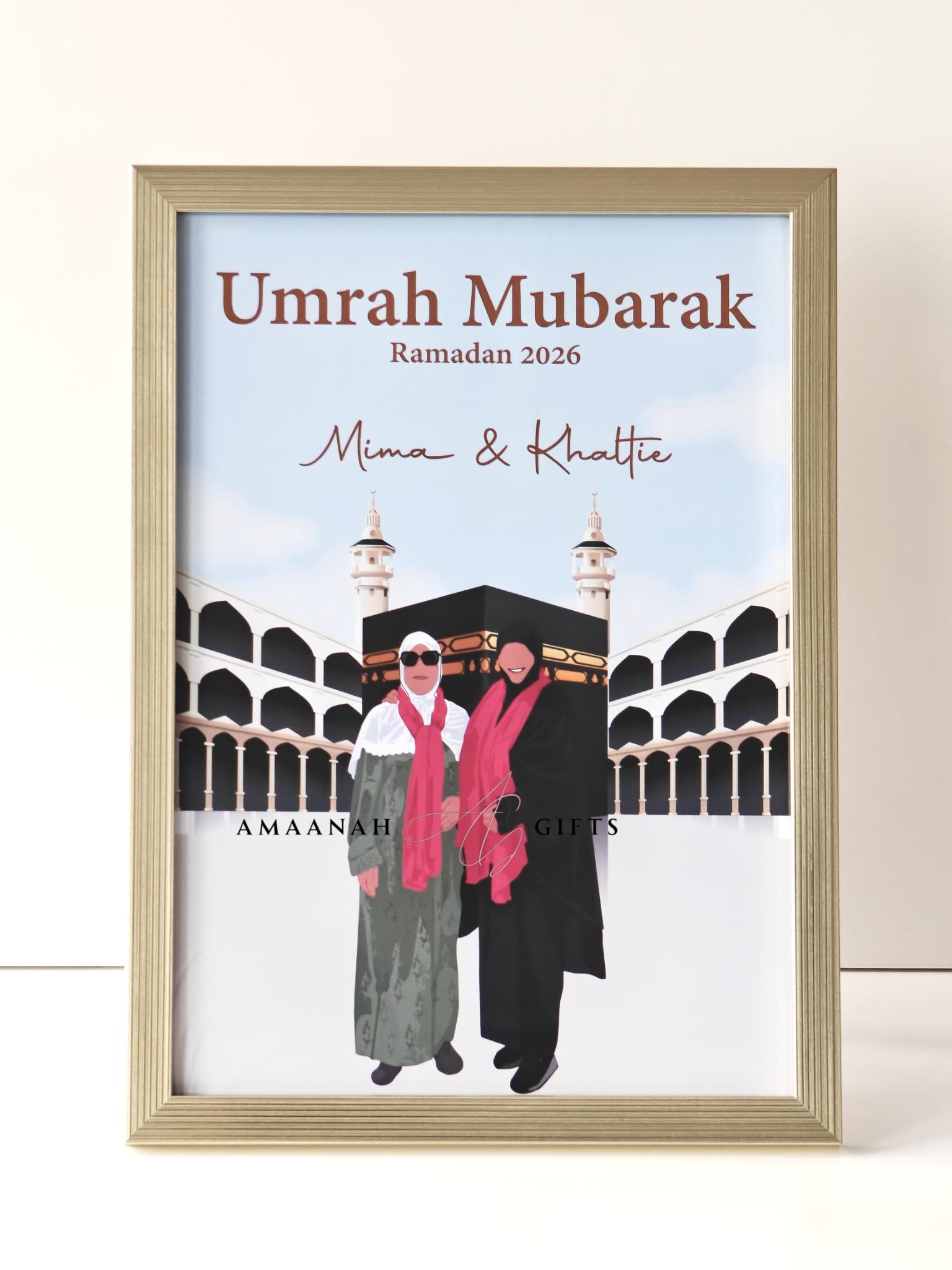 Handgemaakt umrah portret van twee vrouwen bij de Kaaba met namen