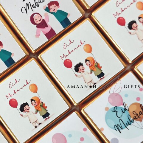 Eid Mubarak chocolade met mix van ontwerpen zoals kinderen, ballonnen en feestelijke illustraties