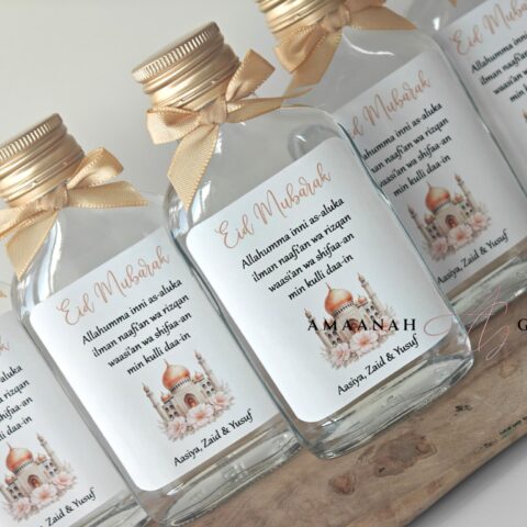 Zamzam flesje Eid Mubarak met moskee ontwerp en dua – islamitisch Eid cadeautje