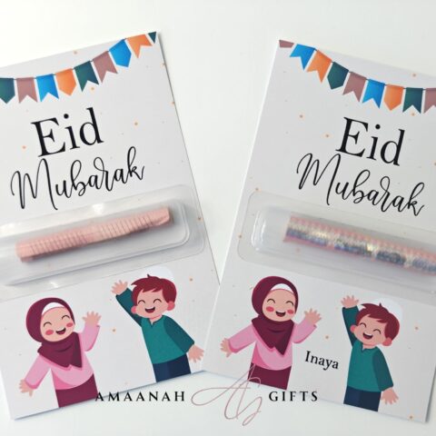 Eid geldkaart met naam, Eid Mubarak design en illustratie van kinderen met slinger
