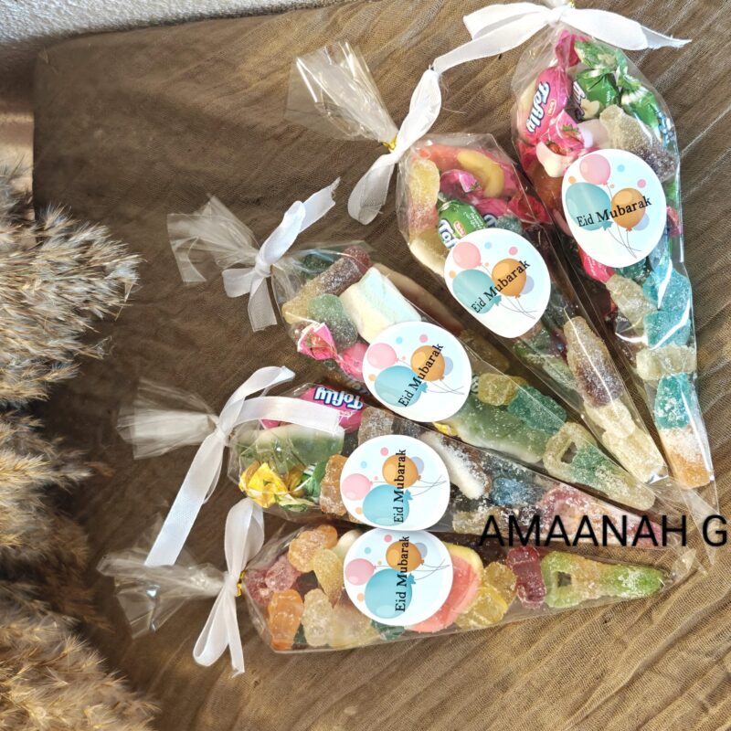 Eid Mubarak snoepzak met ballonnenontwerp en blauw label