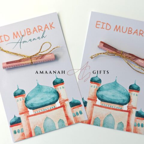 Eid geldkaart met naam en Eid Mubarak design met moskee illustratie