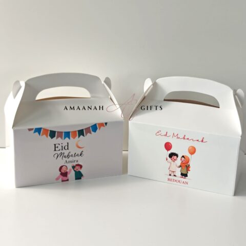 Eid traktatiedoosjes met naam, lege doosjes voor traktatie of kleine cadeautjes.