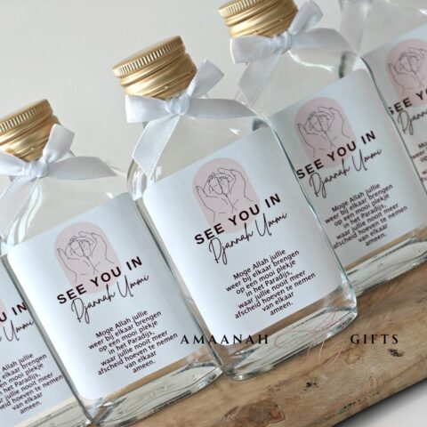 Zamzam flesjes met bedrijfslogo en dua See you in dJannah Ummi gepersonaliseerde bedankjes