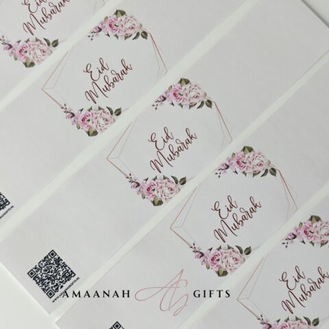 Eid Mubarak waterlabel sticker met roze bloemen en elegante roségouden details