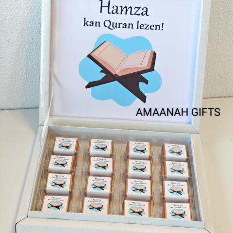 Gepersonaliseerde chocoladebox voor Quran leesfeest met naam Hamza en luxe mini chocolaatjes