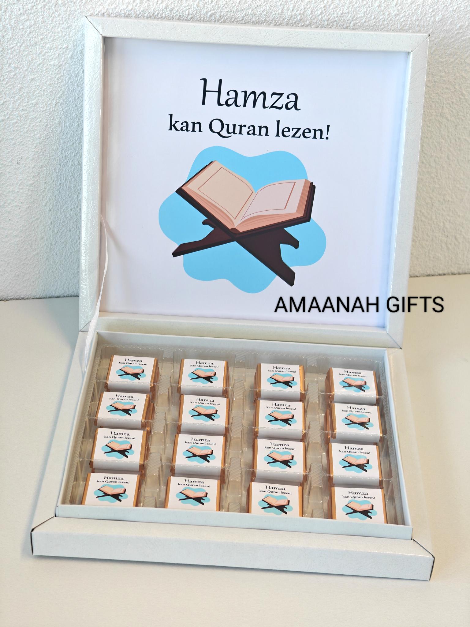 Gepersonaliseerde chocoladebox voor Quran leesfeest met naam Hamza en luxe mini chocolaatjes