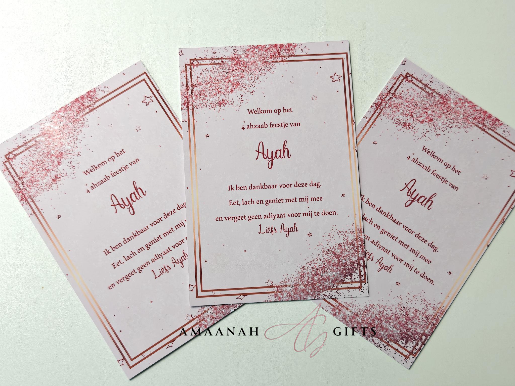 Gepersonaliseerde Hizb tafelkaarten met naam en persoonlijke boodschap in roze design