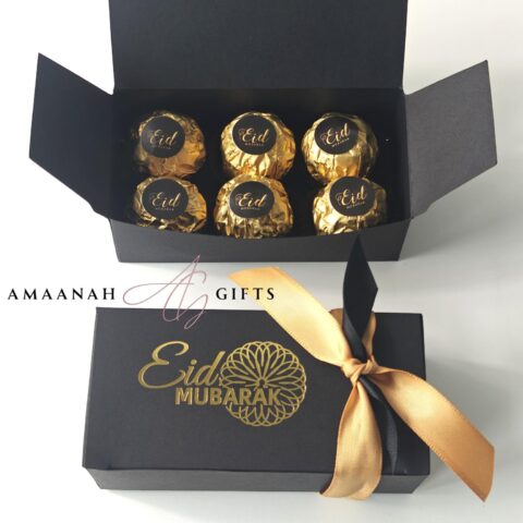 Luxe Mini Treat Box voor Eid Mubarak met Ferrero chocolade in zwart gouden cadeauverpakking