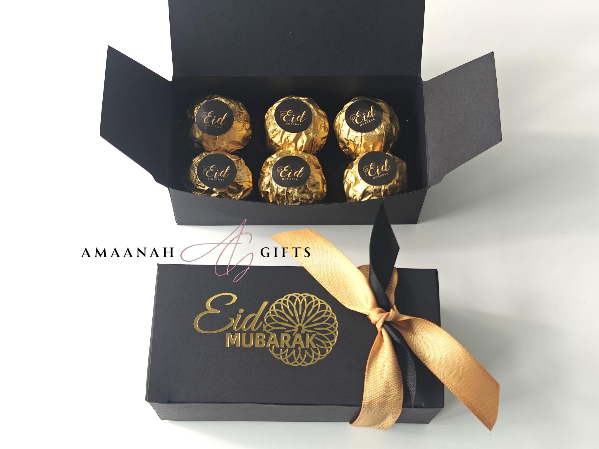 Luxe Mini Treat Box voor Eid Mubarak met Ferrero chocolade in zwart gouden cadeauverpakking
