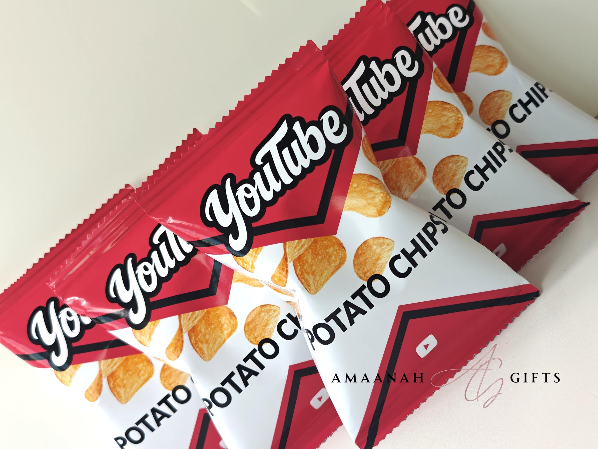 Gepersonaliseerde chipszakjes met logo van youtube voor bedrijven en evenementen